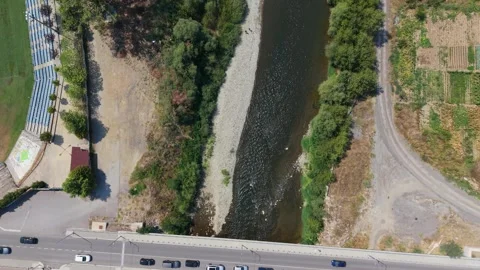 Simitli Bulgaria River Aerial Drone View Top Down Vídeo Stock 343578586