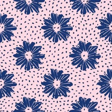 Simle floral doodle seamless pattern with daysies. Navy blue botanic elements Stock Illustration