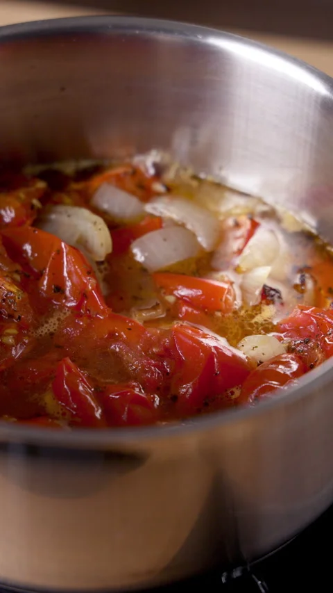 Simmering Roasted Vegetables In Saucepan Close Up 스톡 동영상 332046205