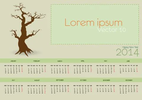 Simple 2014 vector calendar with big tree dry Stock Illustration