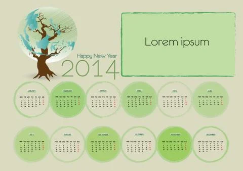 Simple 2014 vector calendar with global earth and tree Stock Illustration