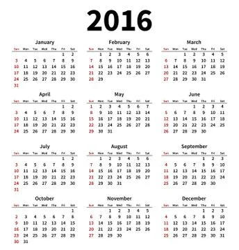 Simple 2016 year calendar on white background Stock Illustration