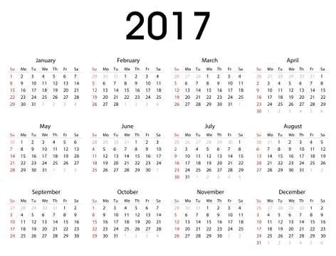 Simple 2017 calendar template for commercial and private use Stock Illustration