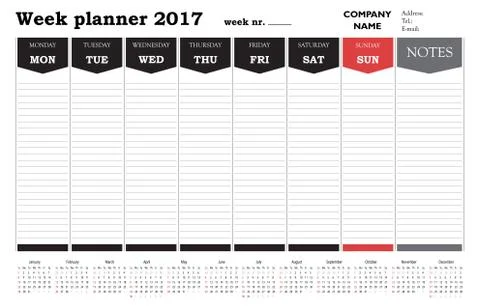 Simple 2017 week planner calendar template for commercial and private use Stock Illustration