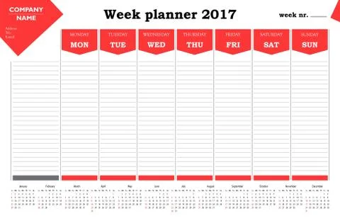 Simple 2017 week planner company calendar template for commercial use Stock Illustration