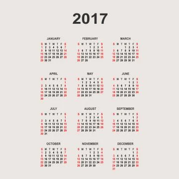 Simple 2017 year calendar.  Vector circle calendar 2017. Week starts from Sun Stock Illustration