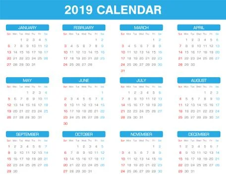 Simple 2019 year calendar set of all month Stock Illustration