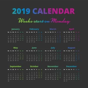 Simple 2019 year calendar, weeks start on Monday Stock Illustration