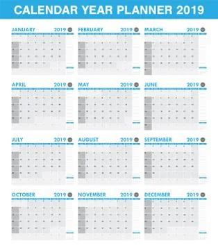 Simple 2019 year planner calendar set of all month Stock Illustration