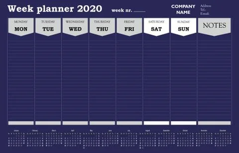 Simple 2020 week planner calendar template for commercial and private use Stock Illustration
