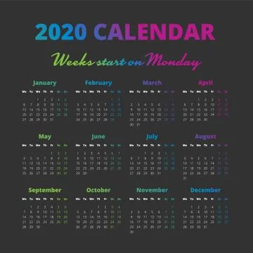 Simple 2020 year calendar, weeks start on Monday Stock Illustration