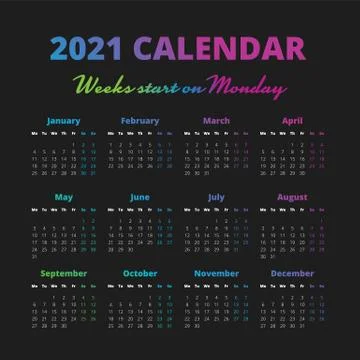 Simple 2021 year calendar, weeks start on Monday Stock Illustration