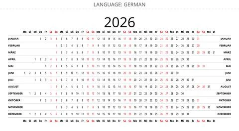 Simple 2026 german linear annual calendar Germany. deutsch kalender Stock Illustration