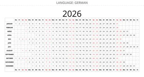 Simple 2026 german linear annual year calendar Germany. deutsch kalender Stock Illustration