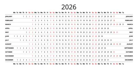 Simple 2026 year linear calendar. english vector Illustrazione stock
