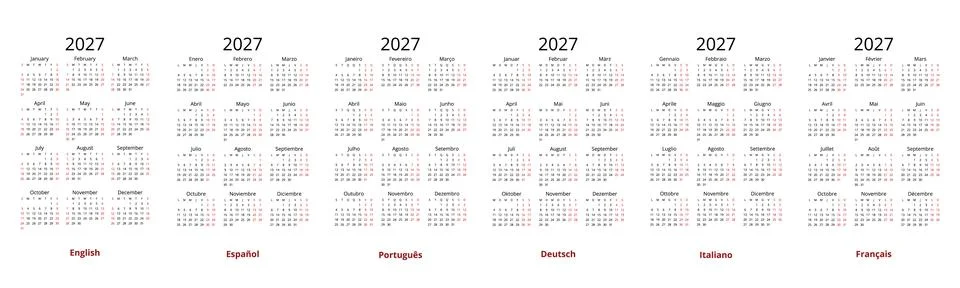 Simple 2027 calendar collection vector templates in english portuguese span.. Illustrazione stock