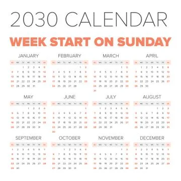 Simple 2030 year calendar Stock Illustration