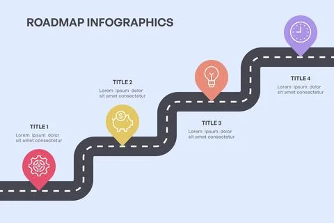 Simple 4-Node Roadmap Infographic with Curved Path and Colorful Icons Illustrazione stock