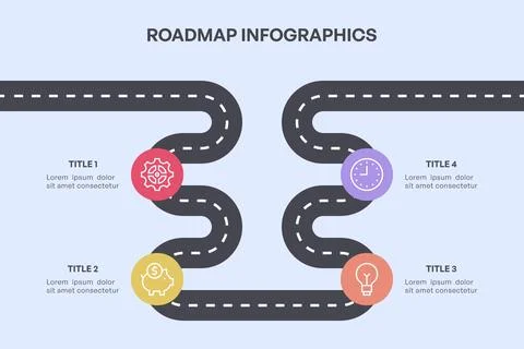 Simple 4-Node Roadmap Infographic with Curved Path and Colorful Icons Stock Illustration