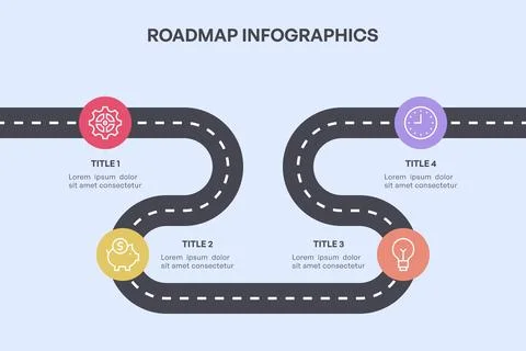 Simple 4-Node Roadmap Infographic with Curved Path and Colorful Icons Stock Illustration