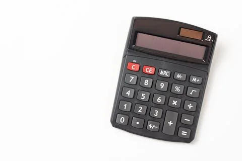 Simple 8-Digit Electronic Calculator on White Background Stock Photos