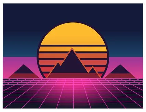 Simple 90s style minimalist background graphic elements of skyline with lan.. Stockillustratie