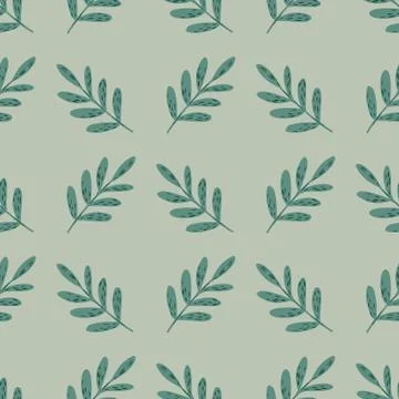 Simple abstract botanic seamless pattern with turquoise leaf branches silhoue Illustrazione stock