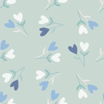 Simple abstract floral seamless pattern with twigs and hearts. Soft sky color Stock Illustration