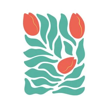 Simple abstract hand drawn tulip branches wall art, poster. Vector bold bright Illustrazione stock