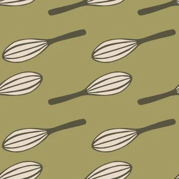 Simple abstract kitchen tools seamless pattern with corolla ornament. Olive p Stock Illustration