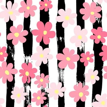 Simple abstract seamless brush pattern with pink sakura flowers on dry brush Stock Illustration