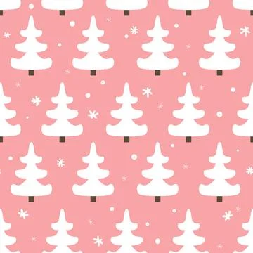 Simple abstract seamless pattern with white fir trees and doodle snow on pink Stock Illustration
