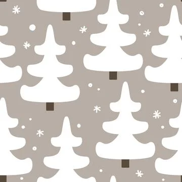 Simple abstract seamless pattern with white fir trees and doodle snow. Chri.. Stock Illustration