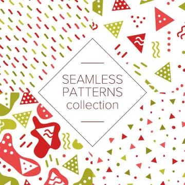 Simple abstract seamless patterns with triangles, dots, waves and stripes Stock Illustration