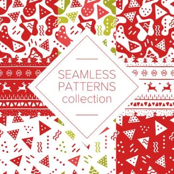 Simple abstract seamless patterns with triangles, dots, waves and stripes Illustrazione stock