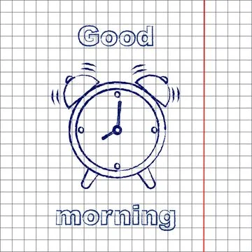 A simple alarm clock icon, a linear symbol with a thin outline. Blue ink, out Stock Illustration