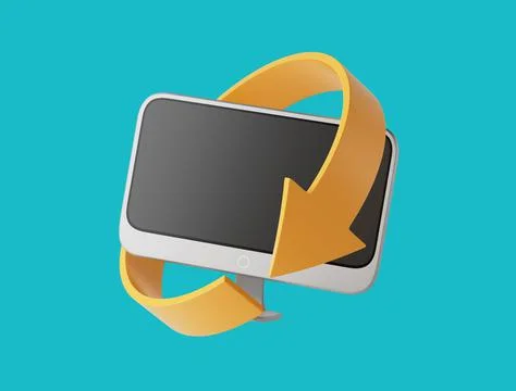 Simple all-in-one pc with bright arrow around it 3d render illustration. Stock Illustration