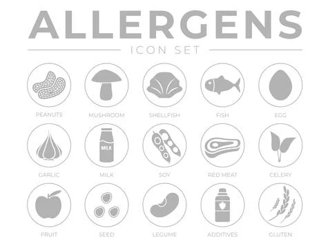 Simple Allergens Icon Set. Allergens, Mushroom, Shellfish, Fish, Egg, Garlic, Stock Illustration
