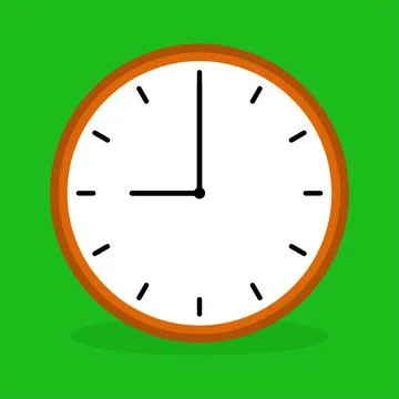 Simple Analog Clock at 9 Isolated on Green background and vector design. Stock Illustration