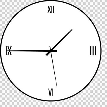 Simple analog clock face is showing black border roman numerals and hands on Stock Illustration