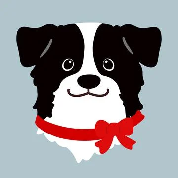 Simple and adorable Border Collie with a red ribbon front face Stock Illustration