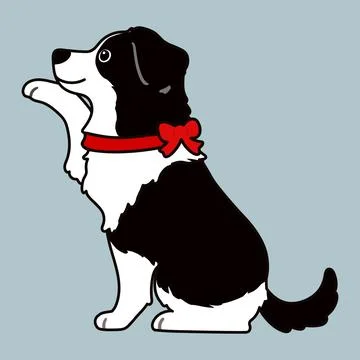 Simple and adorable Border Collie with a red ribbon side sit outlined Stock Illustration