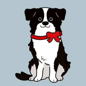 Simple and adorable Border Collie with a red ribbon front sit outlined Stock Illustration