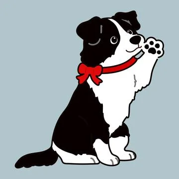 Simple and adorable Border Collie with a red ribbon lifting his paw outlined Stock Illustration