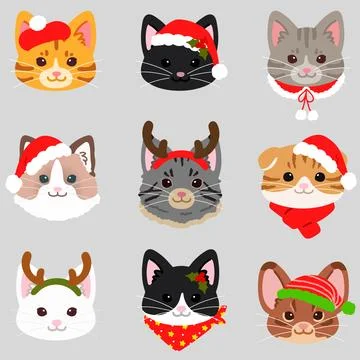 Simple and adorable cats front faces set flat colored Christmas version Ilustración de archivo