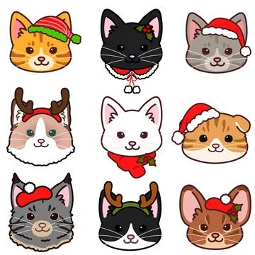 Simple and adorable cats front faces set Christmas version Stock Illustration