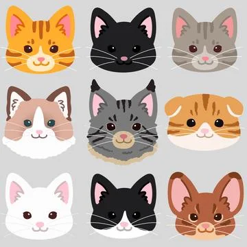 Simple and adorable cats front faces set flat colored Stock Illustration