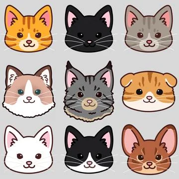 Simple and adorable cats front faces set Stock Illustration