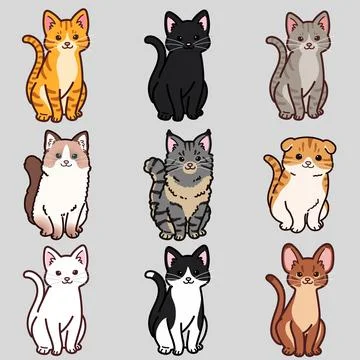 Simple and adorable cats sitting in front view set Stock Illustration