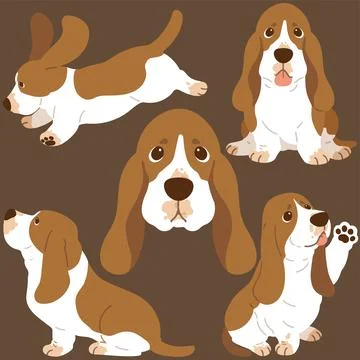 Simple and adorable flat colored illustrations of Basset Hound Stock Illustration